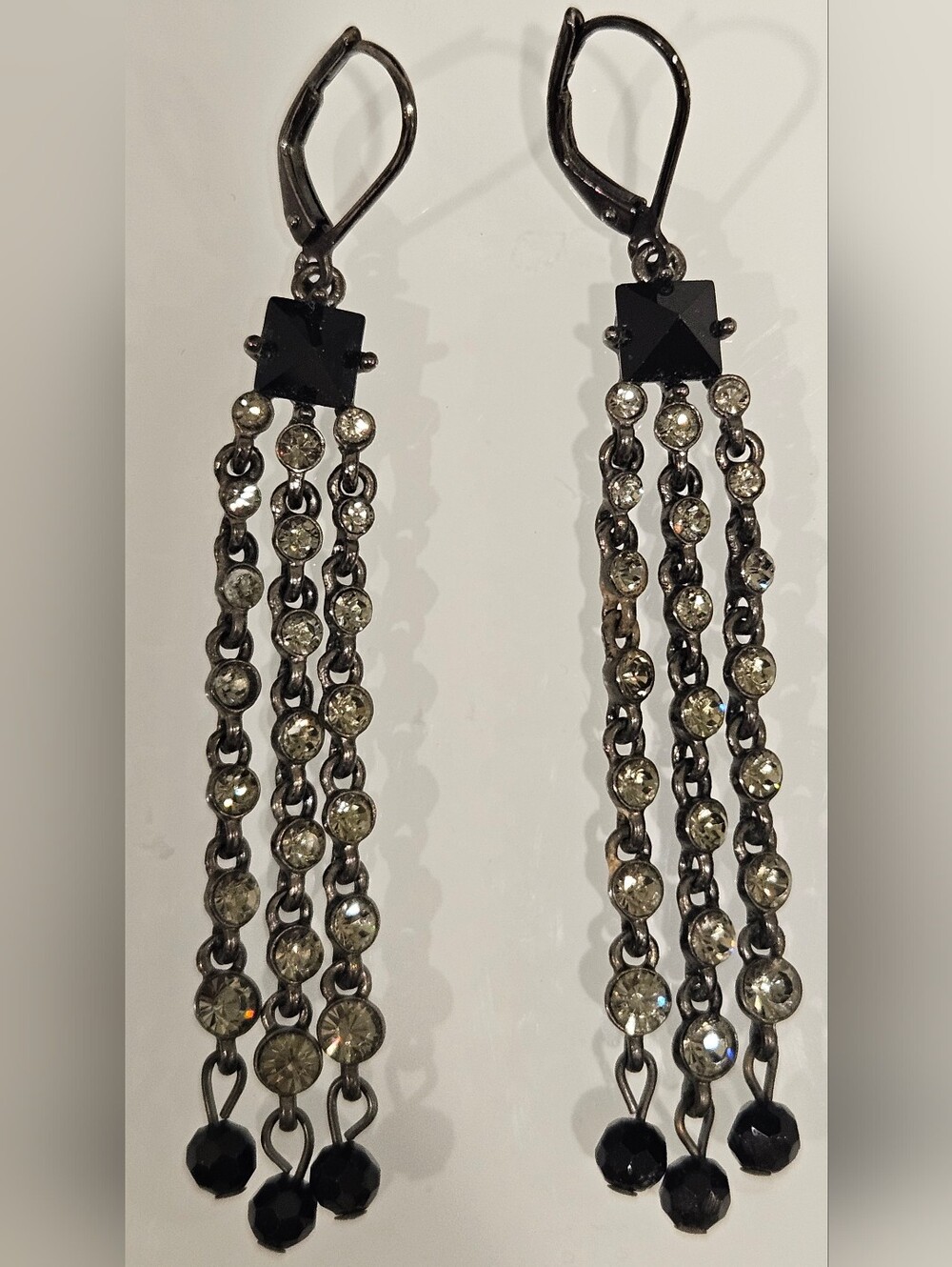 VINTAGE BLACK SILVER MESH LINK RHINESTONES WATERFALL GOTHIC FORMAL EARRINGS